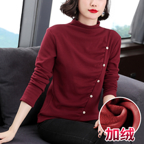 Middle-aged mother long sleeve t-shirt half high neck plus velvet padded stitching base shirt autumn winter top 2021 New Thin