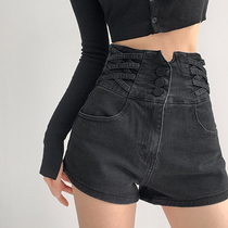 European and American hot girl style high waist denim shorts womens summer button cross design sense fat sister mm wide leg a word shorts