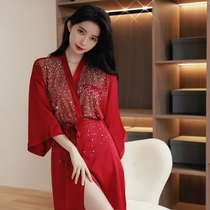 Morning robe bridal senior senses silk bathrobe woman summer wedding photo water drill ice silk pyjamas dressing gown for spring and autumn