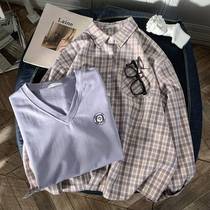 2021 spring and autumn men and women same suit Korean version of loose plaid long sleeve shirt knitted vest two-piece set