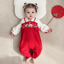 Read princess baby clothes spring and autumn clothes baby girl jumpsuit full moon one-year-old dress Chinese New Year New Year clothes