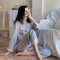 Pajamas female spring and autumn ice silk long sleeve thin sexy two-piece set 2021 new can wear home clothes summer