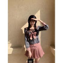 Small student womens early autumn New 2021 bow shirt slim pleated skirt two-piece tide