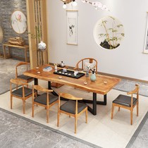 Solid wood large plate tea table and chairs combined new Chinese log tea table office for guests shop folk and leisure table and chairs