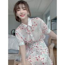 French floral chiffon suit dress Summer 2021 new womens trendy short shirt skirt two-piece set