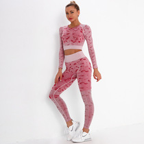 European And European Hot Pins Seamless Knit Sexy Beauty Back Jacquard Blouse Long Sleeve Yoga Suit Sport Running Fitness Pants