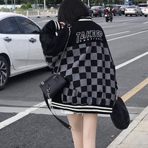 vintage American retro checkerboard jacket women Spring and Autumn new street fashion brand loose baseball jacket
