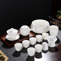 Dehua sheep fat jade white porcelain tea set Kung Fu tea Chinese office living room cover bowl Teapot Teacup Household