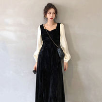 Autumn vintage French light luxury stitching velvet dress women Black waist long skirt temperament Hepburn small black dress
