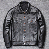 Haining leather leather clothing mens denim leather jacket first layer calfskin fashion lapel motorcycle clothing casual leather jacket