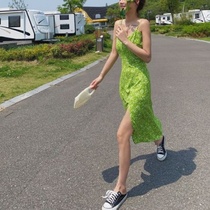  2021 summer vacation French retro Fairy Green Floral high waist suspender split skirt Chiffon dress