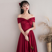 Toast with a line of shoulder satin red color normal to wear bridal betrothed evening gown Dress Lady Banquets Wedding
