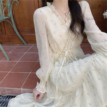 2021 early spring new skirt ins Super fairy thin French first love gentle temperament floral chiffon dress long