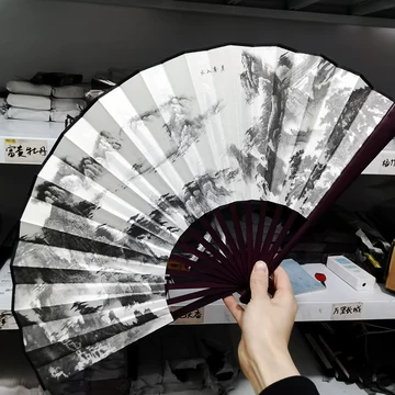 中国　雲溪竹人刻親骨　水墨画　漢詩花図　扇子　M　R8853 ColBase