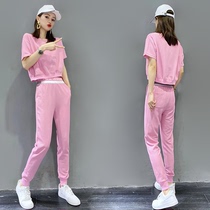 European station summer womens new loose short sleeve sweater suit womens slim leisure sportswear two-piece European tide