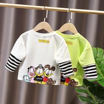 Male and female children cotton clothes T-shirt spring and autumn Korean children long sleeve fake two-piece coat children tide baby base shirt