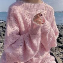 Pink mohair hollow pullover sweater women Spring Wear loose lazy wind sweet Super fairy thin sweater