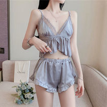 2021 summer pure desire sexy ice silk lace suspenders solid color shorts pajama pants two-piece pajamas home clothes women