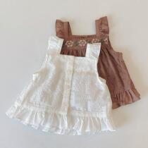 Korean Childrens Clothing 2022 Girl Summer Baby Mounted Embroidery Vest Shirt Girl Gas Pure Cotton Sleeveless Shirt