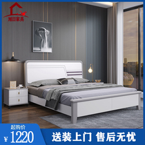 Solid wood bed Modern simple double bed 1 8 meters light luxury master bedroom large wedding bed Economical white high box storage bed