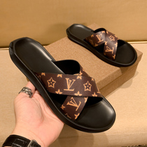 European station genuine leather cross printed sandals men 2022 summer slippers overfire nets red sandals outside the beach