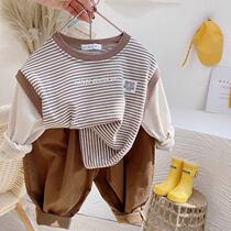 Japanese Retro Contrast Sweater 2021 Autumn Korean Childrens Patched Sleeve Stripe Casual base shirt Top Tide Boys