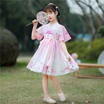 Girls Hanfu new summer dress childrens costume Chinese style little girl short sleeve printed Tang dress skirt