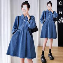 Gestational Woman Dress 2022 Spring Autumn New Korean Version Shirt Skirt Mid-Length Fashion Denim Loose Clothing Dress Surges