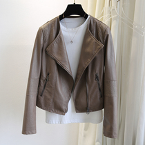 South Korea autumn new brown leather leather jacket female temperament round neck slim slim fashion short motorcycle suit