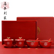 Marriage change to worship tea cup bowl red Joy bowl tray tea cup chopsticks set Dowry wedding tea bowl