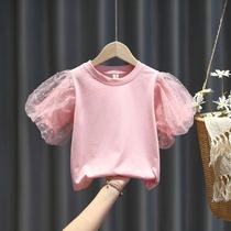 Girls short-sleeved 2021 new childrens clothing childrens bubble sleeve shirt baby summer base shirt childrens summer top