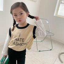 Girls Splice Long Sleeve T-shirt 2021 Spring New Children Letter Top Girl Baby base shirt Spring and Autumn Tide