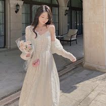 White heavy lace suspender dress female long 2021 spring and summer embroidery French design sense niche skirt summer