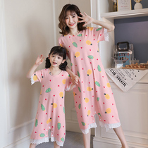 Parent-child dress childrens pajamas mother and daughter cotton Princess spring and autumn baby conjoined skirt short sleeve button girl home wear