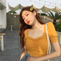 Cotton 2021 summer New ins careful machine pit slim low-cut open navel high waist short sleeve t-shirt womens top base shirt