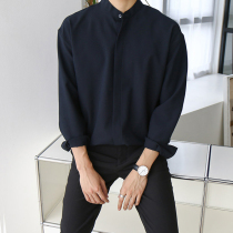 Ice silk dark blue shirt male long and short sleeves high-grade shirt is very fairy handsome non-hot and handsome Korean version of the tide