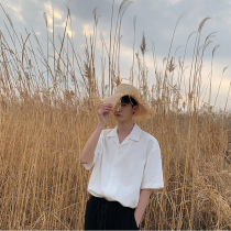 Cuban collar ice silk short-sleeved shirt mens summer solid color Port wind hanging three-point sleeve shirt design summer mens clothing