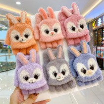 Childrens gloves autumn and winter boys and girls thick warm flip cover five fingers cute children writing half finger wool thread finger cover