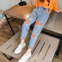 Girls jeans 2021 Spring and Autumn new girls foreign style trousers in big children loose casual Korean stretch pants
