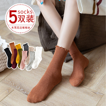 Socks womens mid-tube socks Cute girls cotton socks ins tide socks wooden ear edge Autumn and winter Korean long tube stockings women