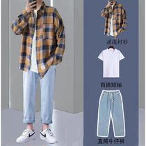 Plaid long sleeve shirt men spring autumn coat loose match handsome jeans shirt set three pieces Men