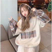 Autumn and winter plus velvet thickened college style long sleeve student jacket loose girlfriends hooded warm plaid sweater women ins