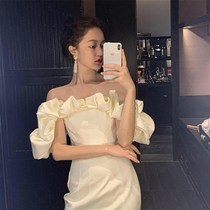  One-shoulder white French retro dress 2021z new spring waist thin temperament dress skirt(March