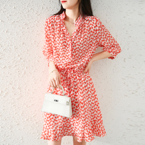 High-end big-name silk mulberry silk dress summer lace-up waist thin three-quarter sleeve temperament small floral skirt