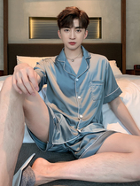 Mens pajamas summer thin ice silk short-sleeved shorts two-piece suit Summer solid color simple cardigan home clothes men