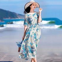 Retro literary and artistic printed dress female 2021 summer large size loose thin lace-up waist temperament long skirt