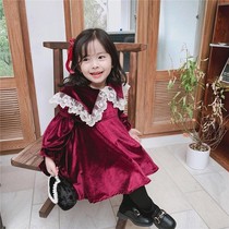 Girls Spring and Autumn Thin Dress Golden Velvet Lace Lace Big Lapel Dress 2021 Little Girl Baby Western Princess Dress