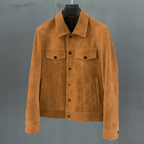 Autumn leather leather men denim jacket lapel casual trend orange head lambskin anti-velvet short jacket