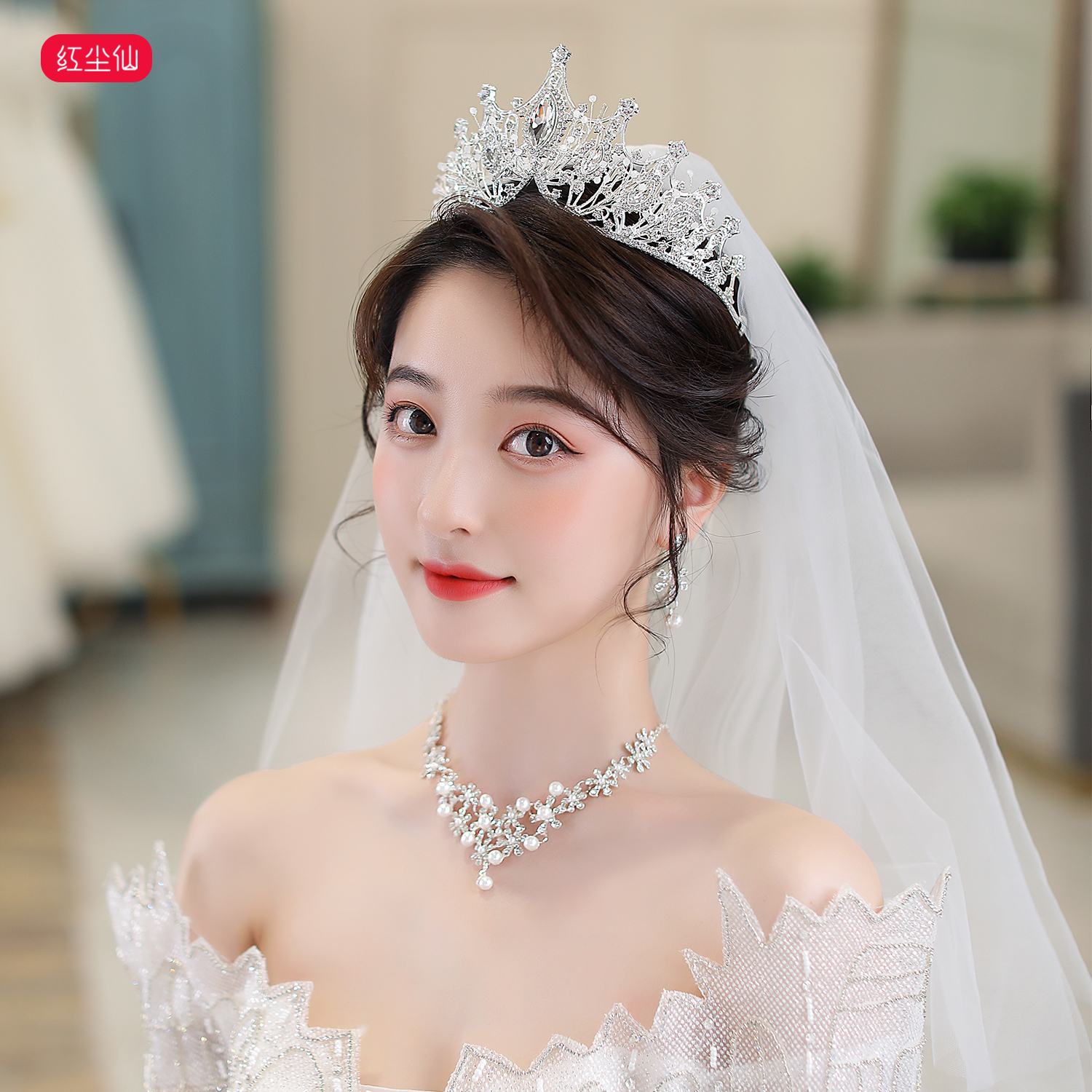 Bride Crown Three Piece Wedding Dress Headdress Accessories Crown Headdress Necklace Proposal Exquisite Hair Accessories Girl