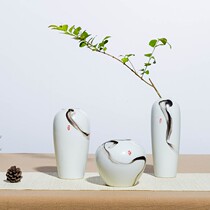 Hand-painted ink flower three-piece set of matte white Chinese ceramic vase Zen dried flower hydroponic flower tea room ornaments